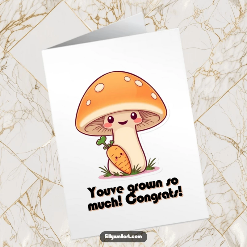 Funny Free Printable Congratulations Card: A shy carrot hides behind a large smiling mushroom, a symbol of humble achievement.