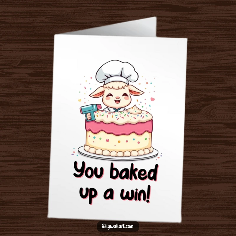 Funny Free Printable Congratulations Card featuring a giggling lamb chef with a sprinkle gun, ideal for a downloadable party.
