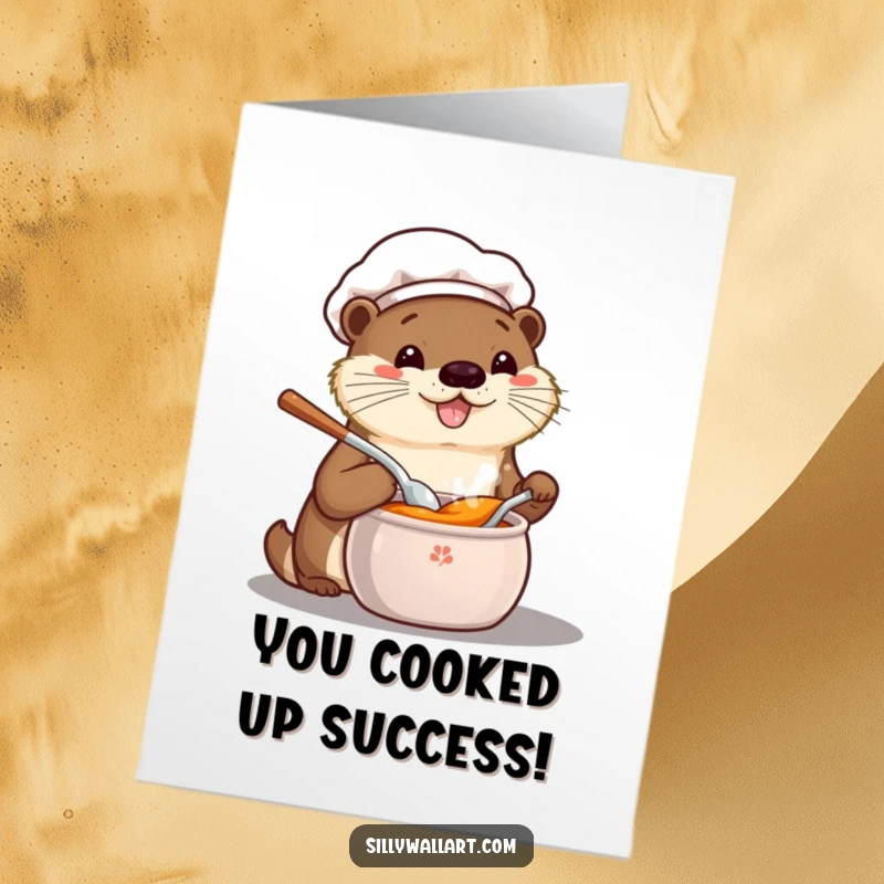 Funny Free Printable Congratulations Card featuring an excited kawaii otter chef sampling a bubbling pot, great for a downloadable celebration.