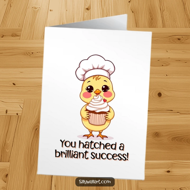 Funny free printable chick chef card, a happy chick chef proudly displays a decorated cupcake for congratulations.