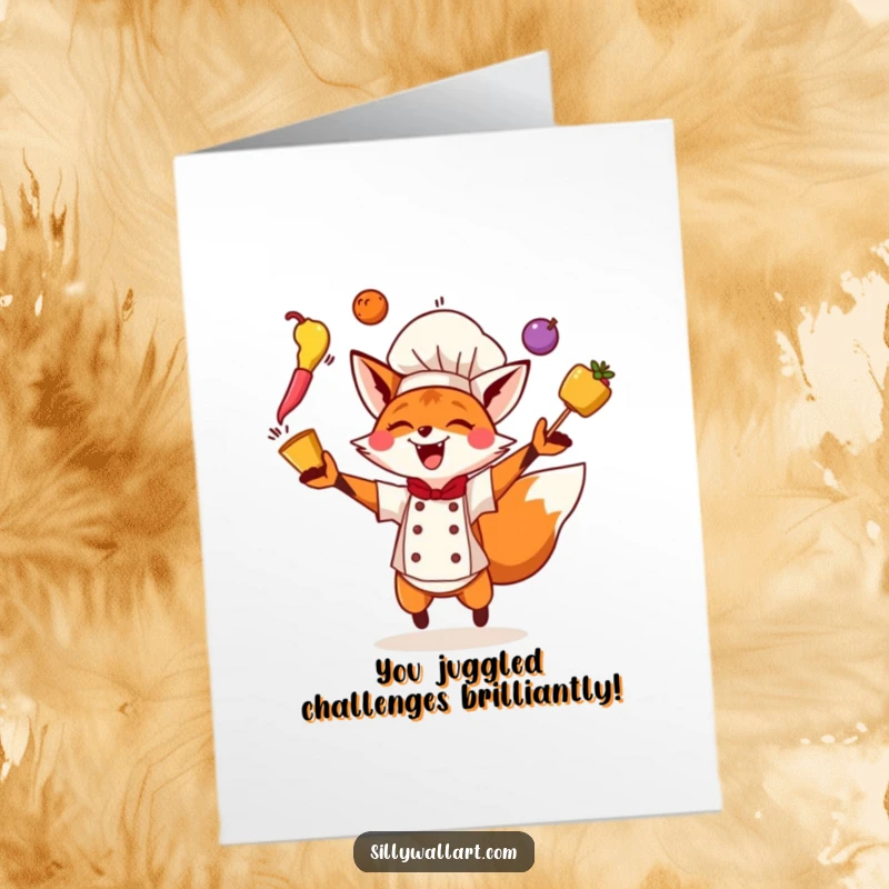 Funny free printable fox chef card, an excited fox chef juggles ingredients to celebrate success.