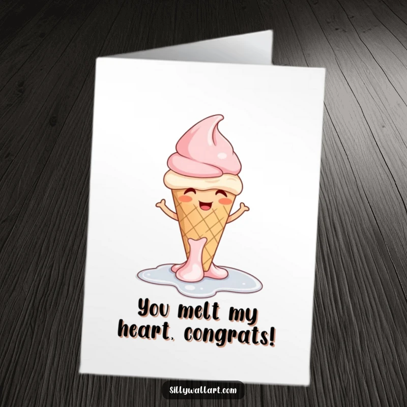 Funny Free Printable Congratulations Card of a giggling ice cream cone melting into a puddle with a shrug, celebrating wins with humor.