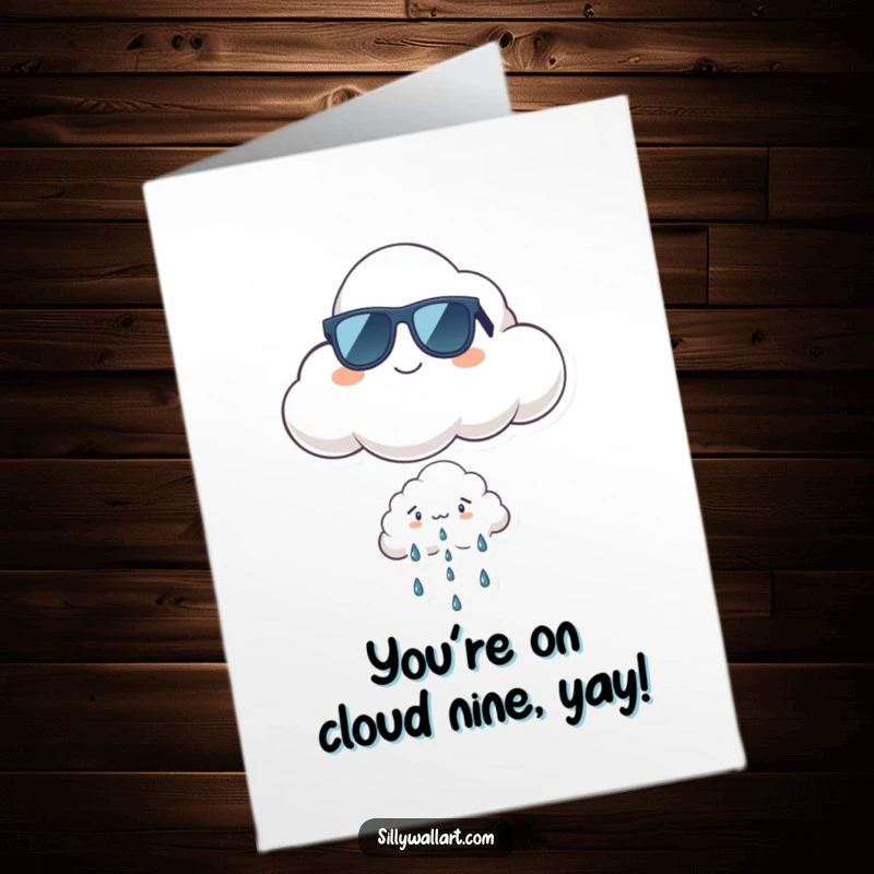 Funny Free Printable Congratulations Card of a proud cloud in sunglasses floating above a worried rain cloud, perfect for celebrating success.