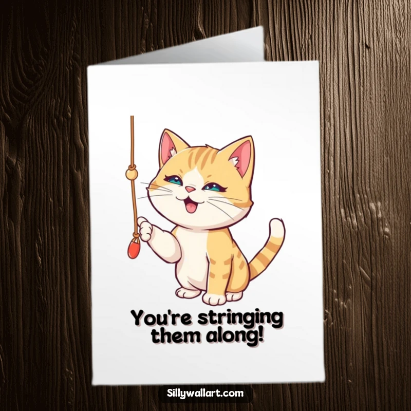 Funny Free Printable Congratulations Card: A cat with a mischievous look plays with a dangling string, full of energy.