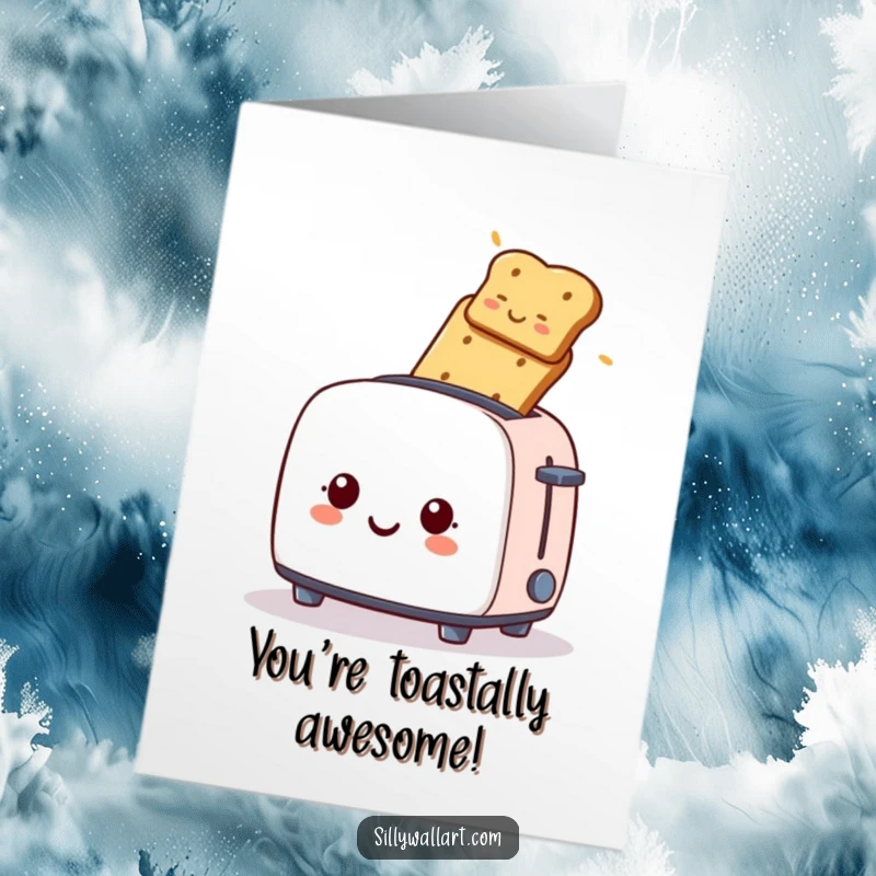 Funny free printable congratulations card of a happy toaster launching toast, symbolizing achievement and success.