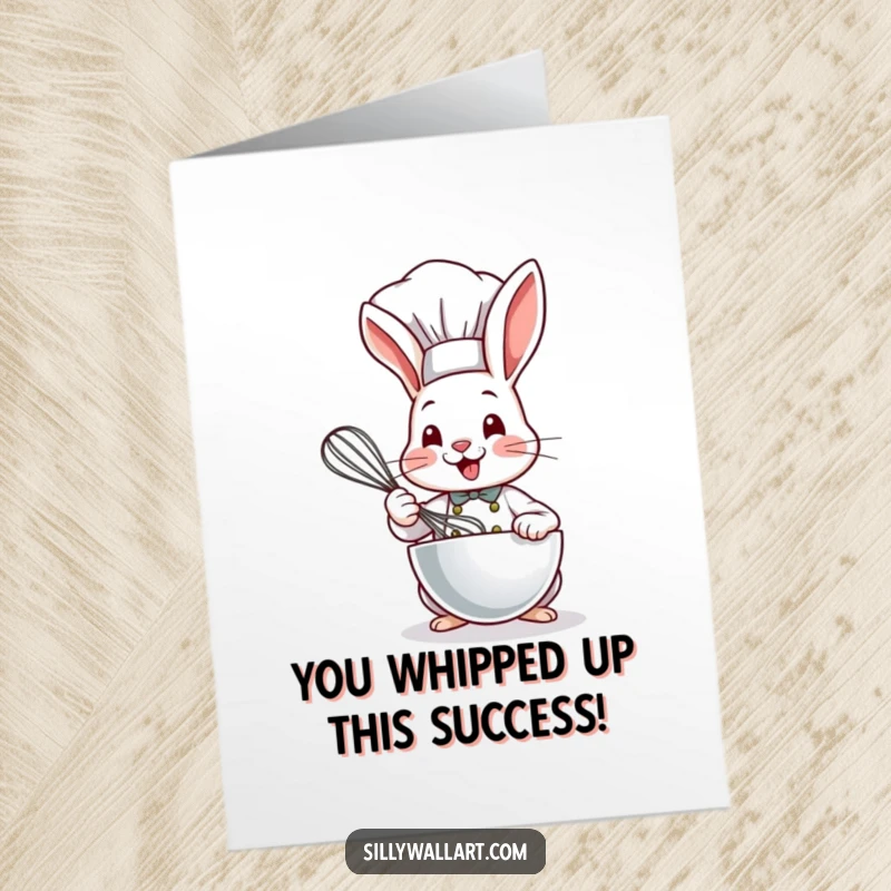 Funny free printable bunny chef card, a cheerful bunny chef vigorously whisking in celebration of success.