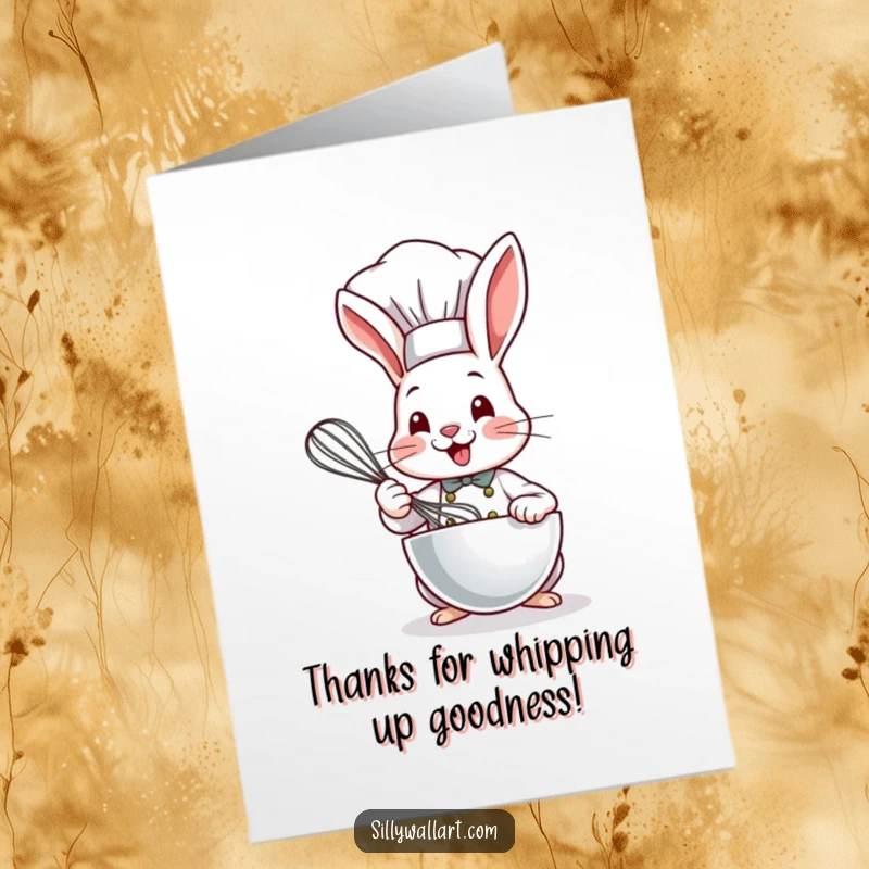 Funny free printable bunny chef card, a smiling bunny chef enthusiastically whisking a bowl to say thank you.