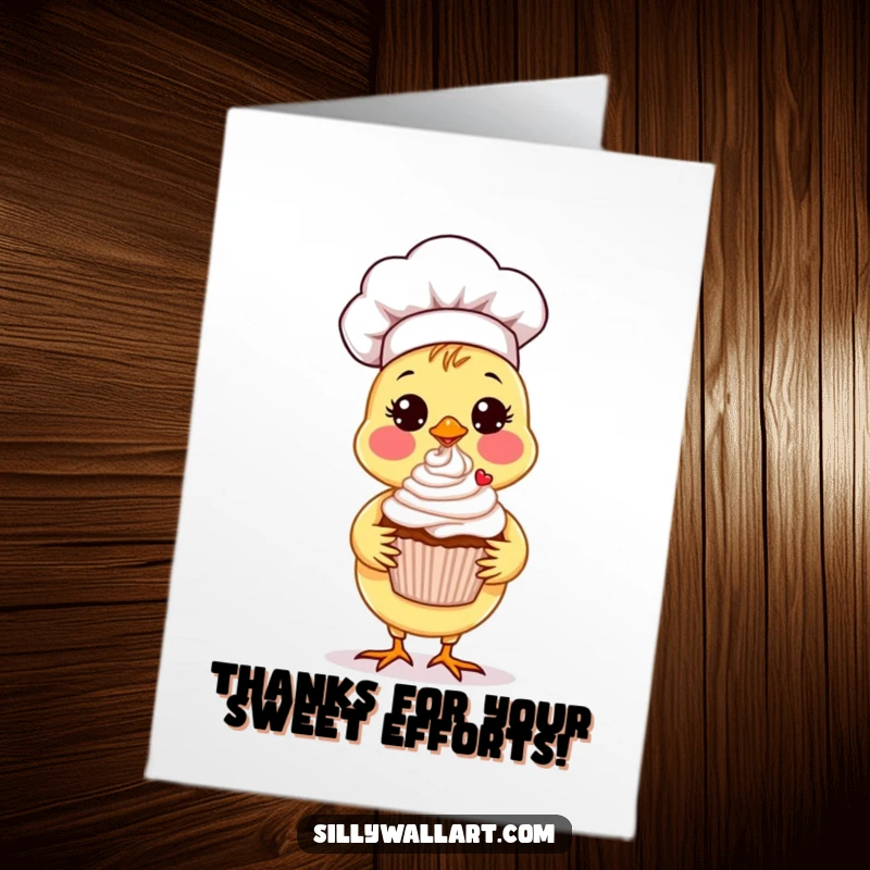 Funny free printable chick chef card, a cute chick chef proudly offers a perfectly decorated cupcake as a thank you.