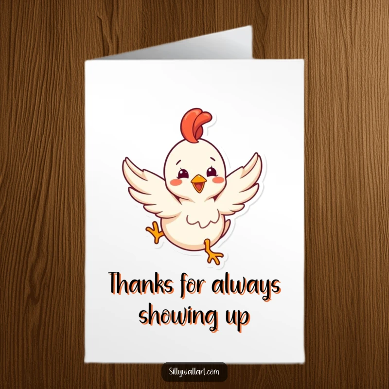 Funny Free Printable Thank You Card: A happy rubber chicken attempts flight with tiny wings, symbolizing sending thanks.
