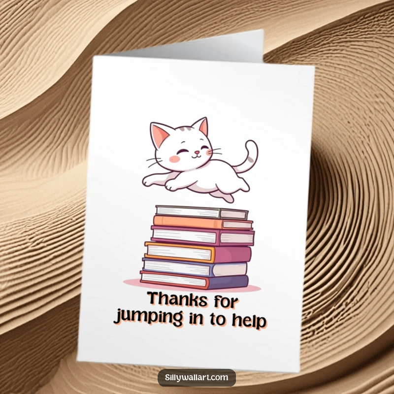 Funny Free Printable Thank You Card: A sleek cat is gracefully leaping over a stack of books.