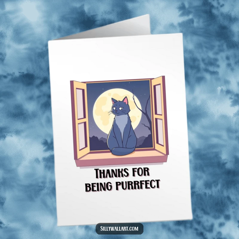 Funny Free Printable Thank You Card: a cat silhouetted against the moon on a window sill, expressing thanks.
