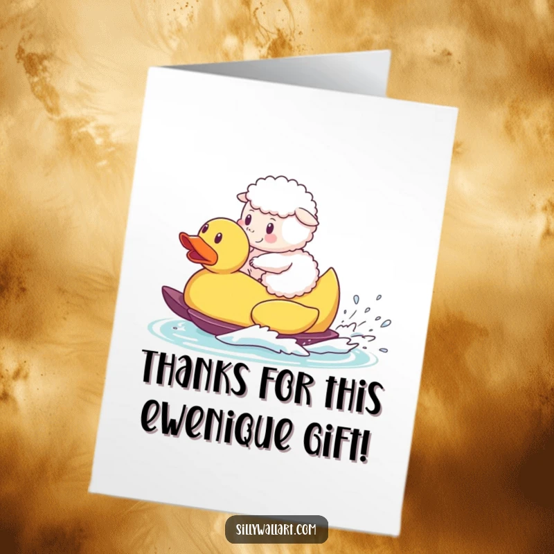 Funny free printable thank you card with a fluffy sheep waterskiing on a giant rubber duck, signaling thanks.
