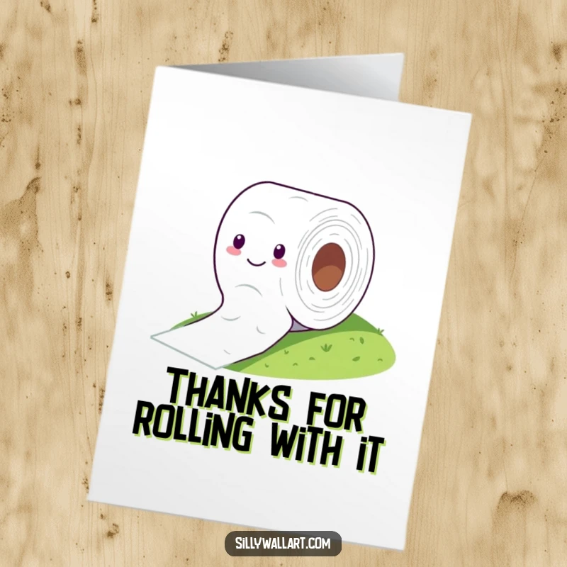 Funny Free Printable Thank You Card: A cheerful toilet paper roll rolls downhill, symbolizing rolling out thanks.