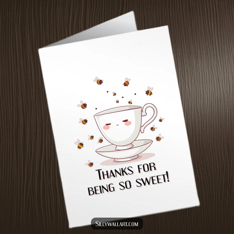 Funny Free Printable Thank You Card: A teacup looking stressed while juggling a swarm of angry bees.