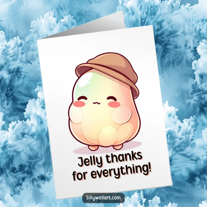 Funny Free Printable Thank You Card: Wobbly jelly blob trying to wear a tiny hat while jiggling uncontrollably.