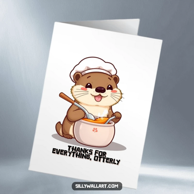 Funny Free Printable Thank You Card with a joyful kawaii otter chef tasting food, ideal for a sweet, downloadable thank you.