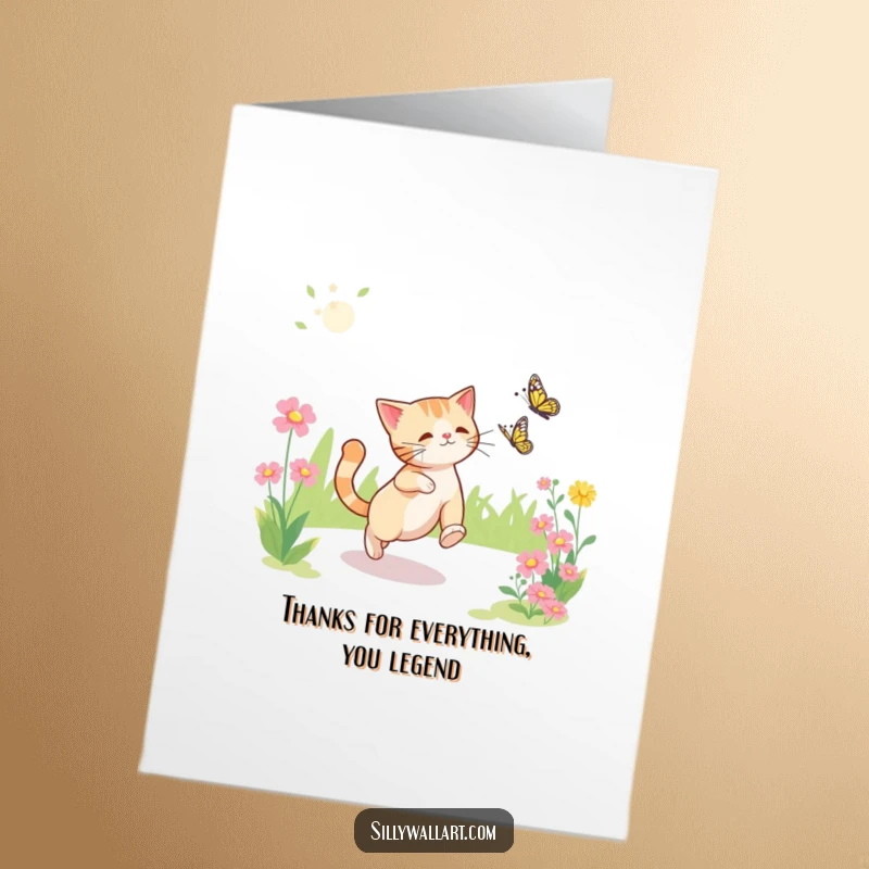 Funny Free Printable Thank You Card: A cat playfully stalks a butterfly in a sunny garden, sending thanks with a giggle.