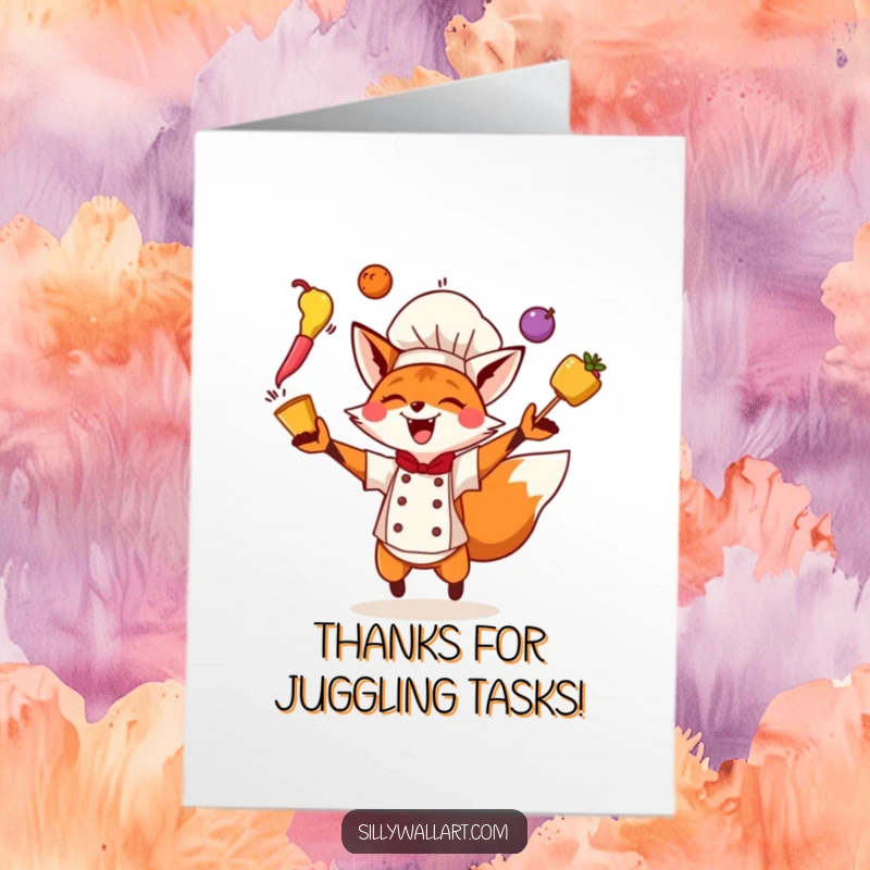 Funny free printable fox chef card, a fox chef enthusiastically juggles ingredients to express thanks.