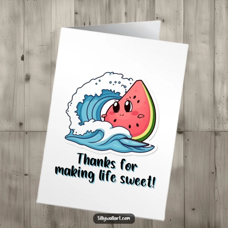 Funny Free Printable Thank You Card: A slice of watermelon with googly eyes attempting to surf a wave with enthusiasm.