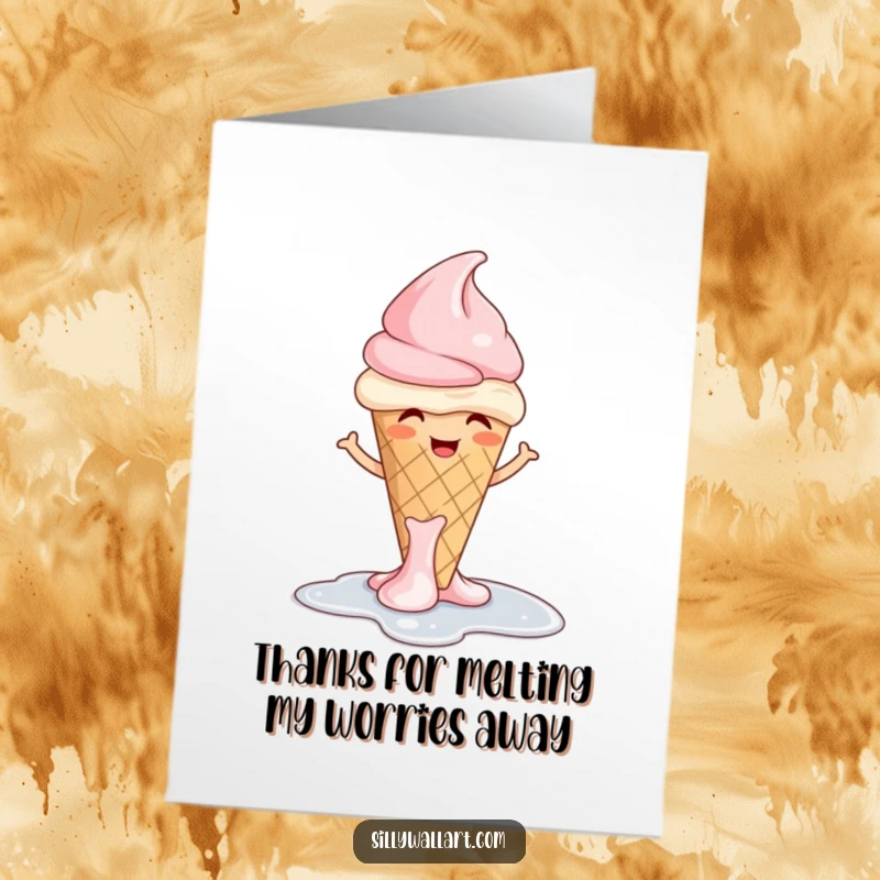Funny Free Printable Thank You Card of a giggling ice cream cone melting with a shrug, perfect for a sweet and humorous thank you message.