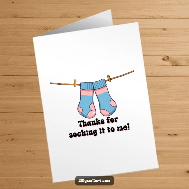 Funny free printable thank you card with socks tangled on a clothesline, humorously resembling a kite in the wind.