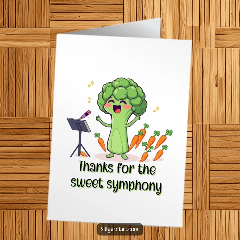 Funny Free Printable Thank You Card: A broccoli floret conducts tiny carrots, creating a harmonious thank you.