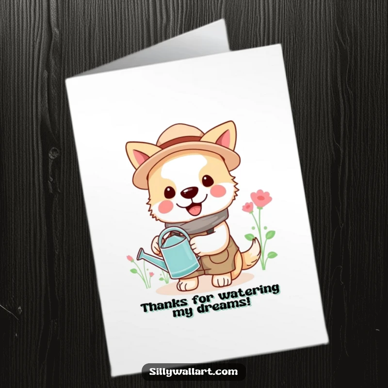 Cheerful Free Printable Thank You Card: A dog in gardening attire holds a tiny watering can, expressing thanks with a smile, downloadable.