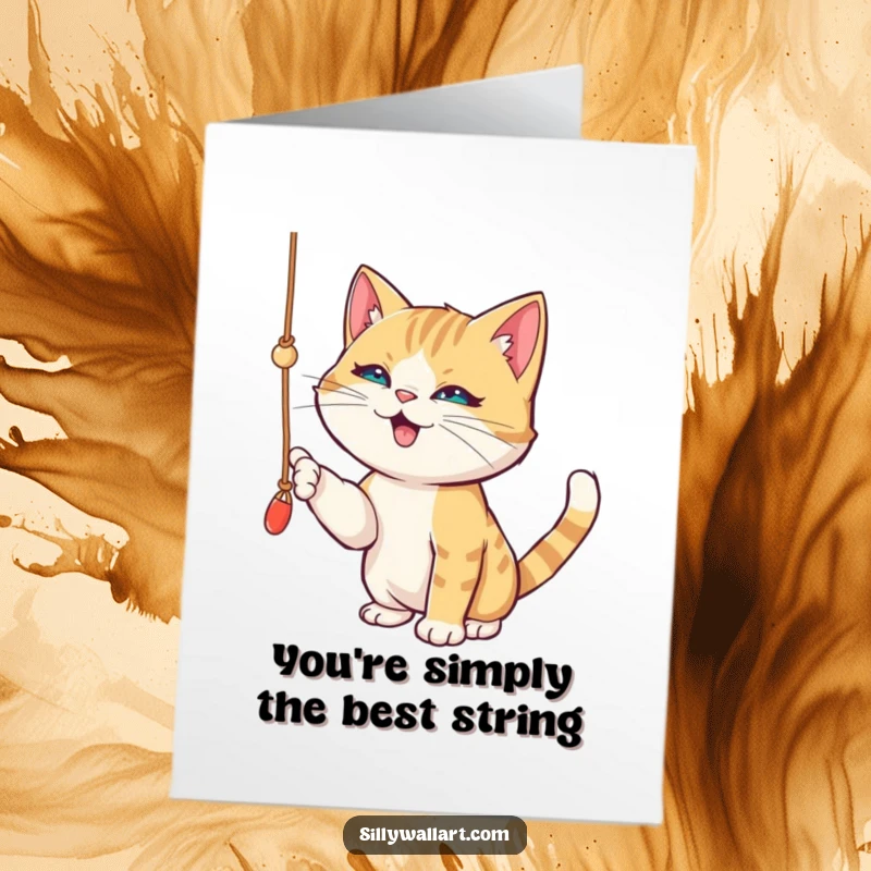 Funny Free Printable Thank You Card: A cute cat is batting with glee at a dangling string, eyes sparkling with mischief.