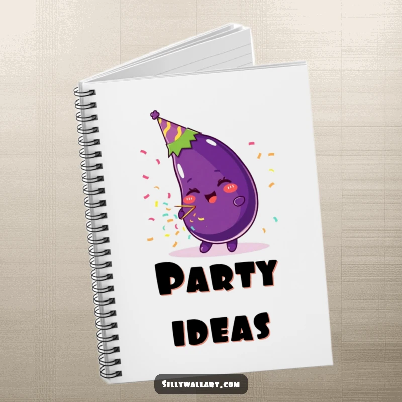 Funny notebook with a beaming eggplant in a party hat, hilariously blowing a confetti popper, perfect for jotting down celebration ideas.