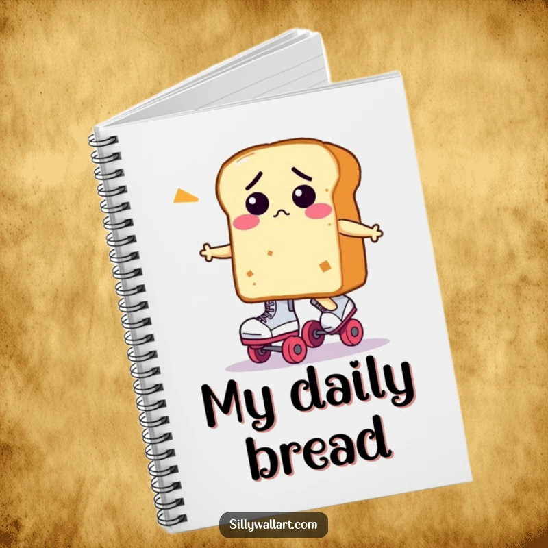 Funny loaf of bread character, confused on roller skates, on the cover of a notebook for humorous note-taking.