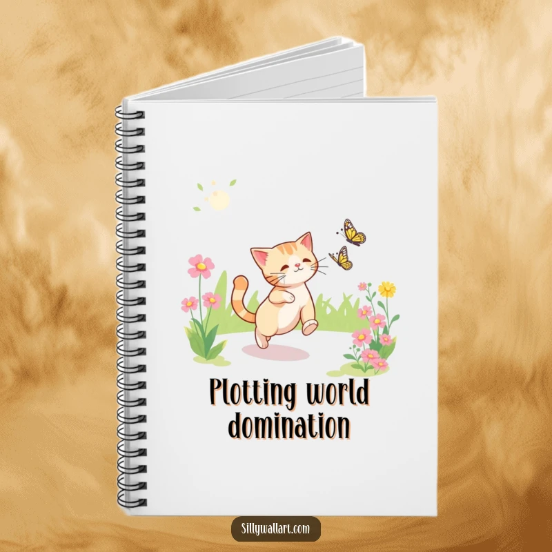 Funny notebook cover showing a cat chasing a butterfly in a sunny garden, inspiring creative, funny notes.