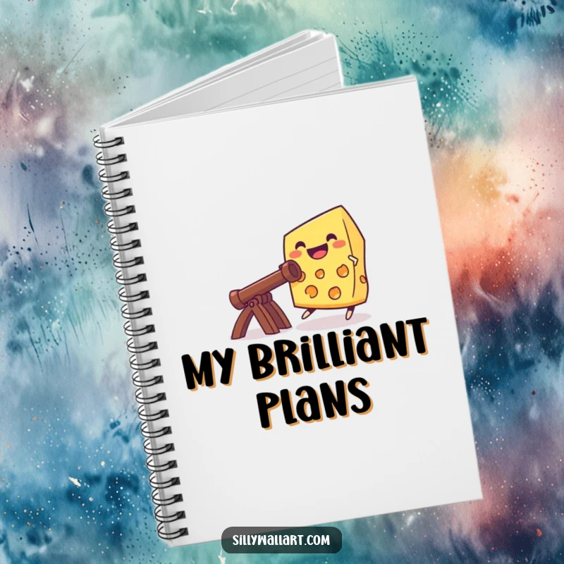 Funny grinning cheese launching from a catapult, featured on a notebook cover for jotting down adventurous and humorous thoughts.