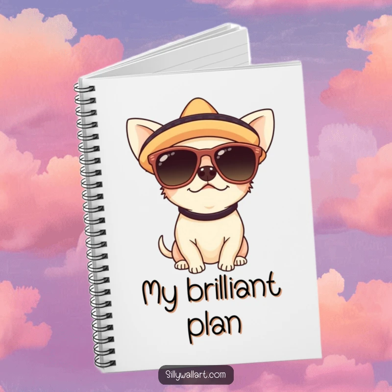 Funny notebook cover with a cute chihuahua wearing sunglasses and a sombrero, inspiring fun notes and creative ideas.