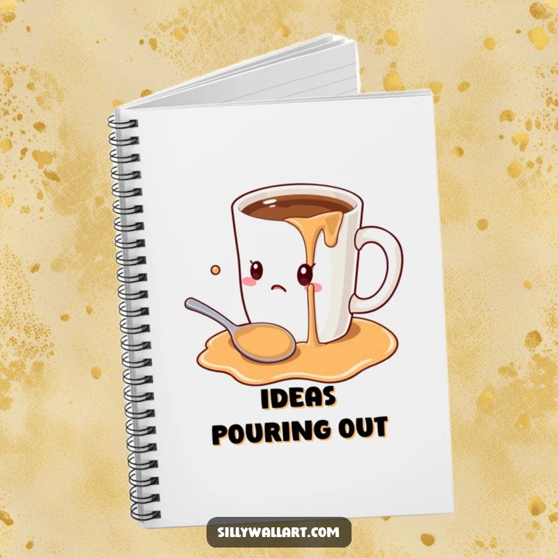 Funny oversized coffee mug comically overflowing onto a startled spoon, featured on a notebook cover for jotting down humorous thoughts.