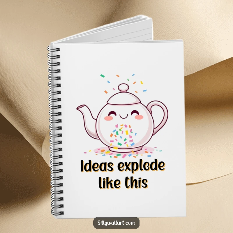 Funny notebook cover featuring a cheerful teapot joyfully pouring a stream of colorful confetti, perfect for note-taking.
