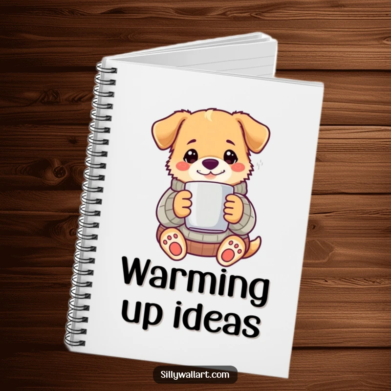 Funny dog in a cozy sweater holding a steaming mug on the cover of a spiral-bound notebook.