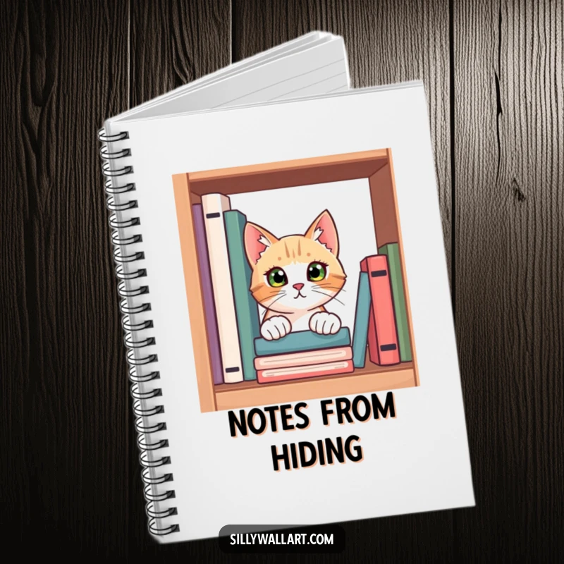 Funny notebook cover showing a curious cat peeking from behind a bookshelf, its eyes full of wonder, ready to document stories.