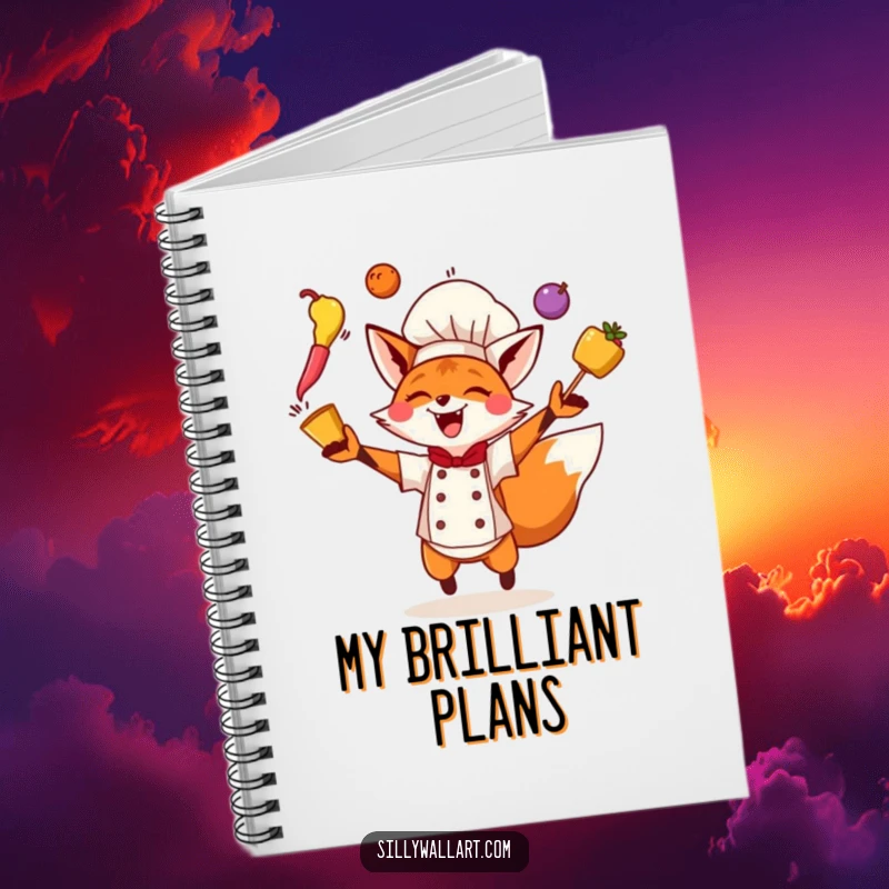 Funny Fox Chef Notebook featuring an energetic fox chef juggling ingredients, perfect for capturing dynamic ideas.