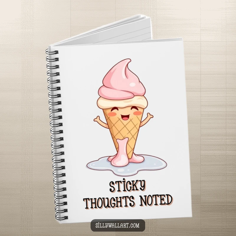 Funny ice cream notebook featuring a giggling cone melting into a puddle with a shrug, great for note-taking.