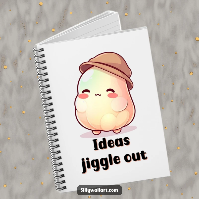 Funny jelly blob notebook featuring a jiggly character uncontrollably wobbling while trying to wear a tiny hat, perfect for notes.