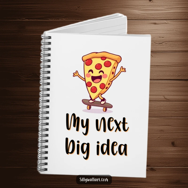 Funny pizza slice doing a cartwheel on a skateboard, featured on a notebook cover for jotting down humorous thoughts and ideas.