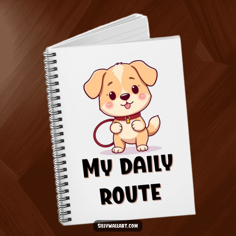 Funny dog with a wagging tail, holding a leash on the cover of a spiral-bound notebook.