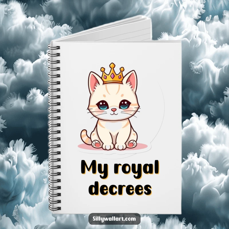 Funny cat wearing a small crown, sitting like royalty on a notebook, perfect for regal note-taking.