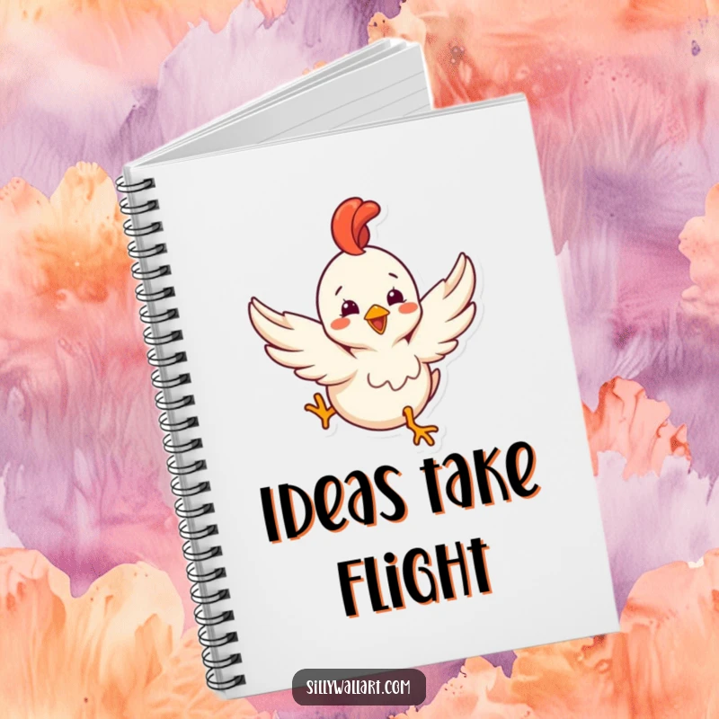 Funny notebook cover with a delighted rubber chicken with tiny wings comically trying to fly, for humorous note-taking.