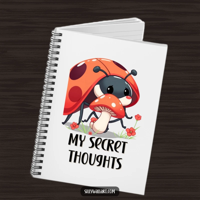 Funny shy mushroom notebook with a mushroom peeking from behind a giant, laughing ladybug, ideal for nature-inspired notes.