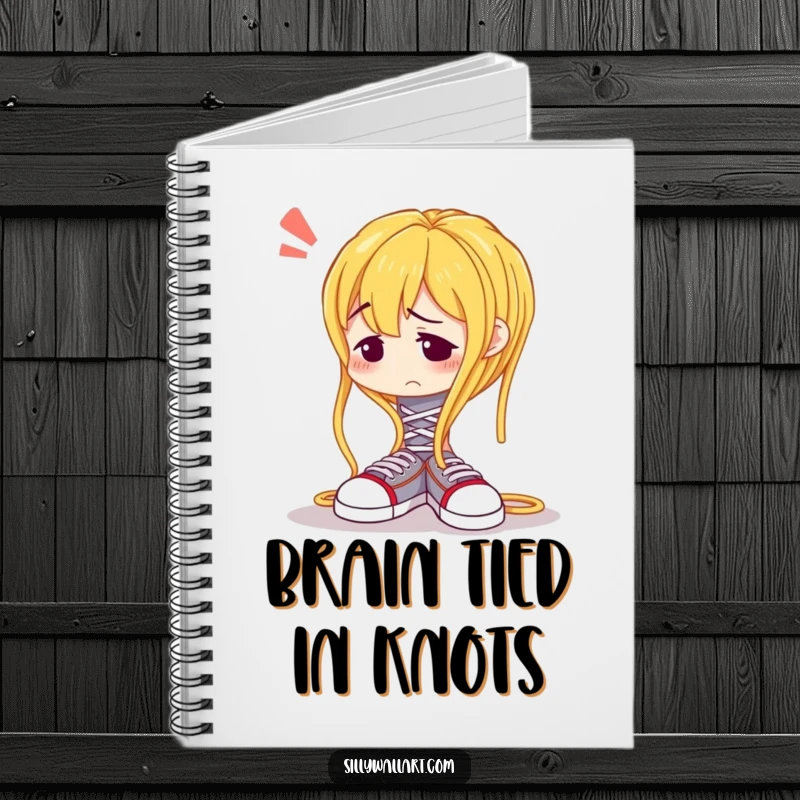 Funny notebook cover with a confused spaghetti noodle comically struggling to tie shoelaces, for humorous note-taking.