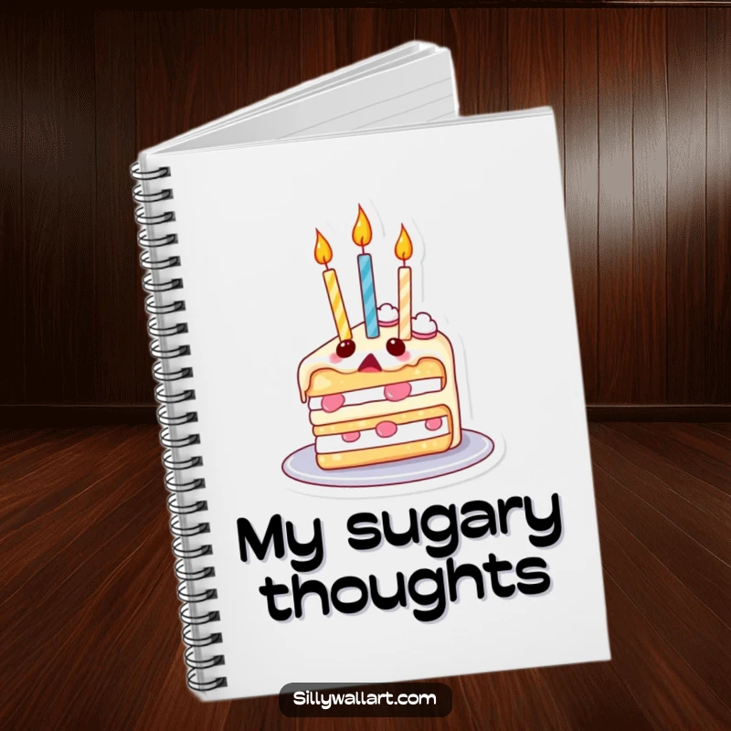 Funny notebook with a surprised slice of cake, its candles floating upwards like balloons, perfect for jotting down birthday wishes.
