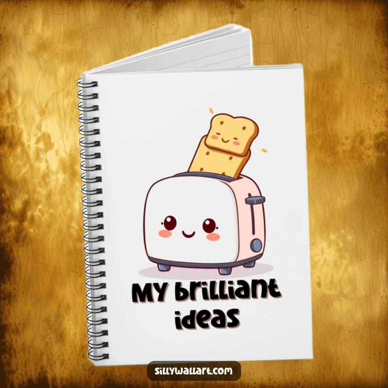 Funny notebook, a smiling toaster launching toast, perfect for jotting down breakfast-themed humorous thoughts.