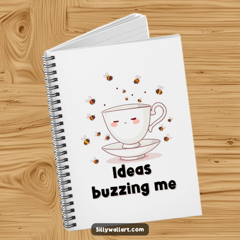 Funny teacup character, flustered by juggling bees, on the cover of a notebook for humorous note-taking and journaling.