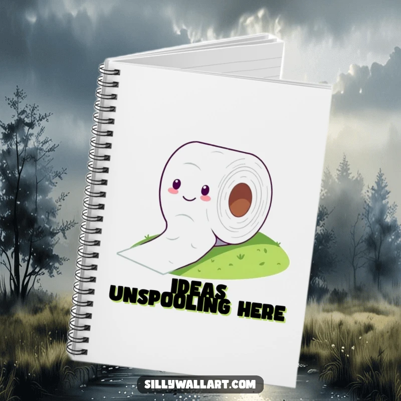 Funny notebook cover with a cheerful toilet paper roll comically rolling down a hill, for humorous note-taking.